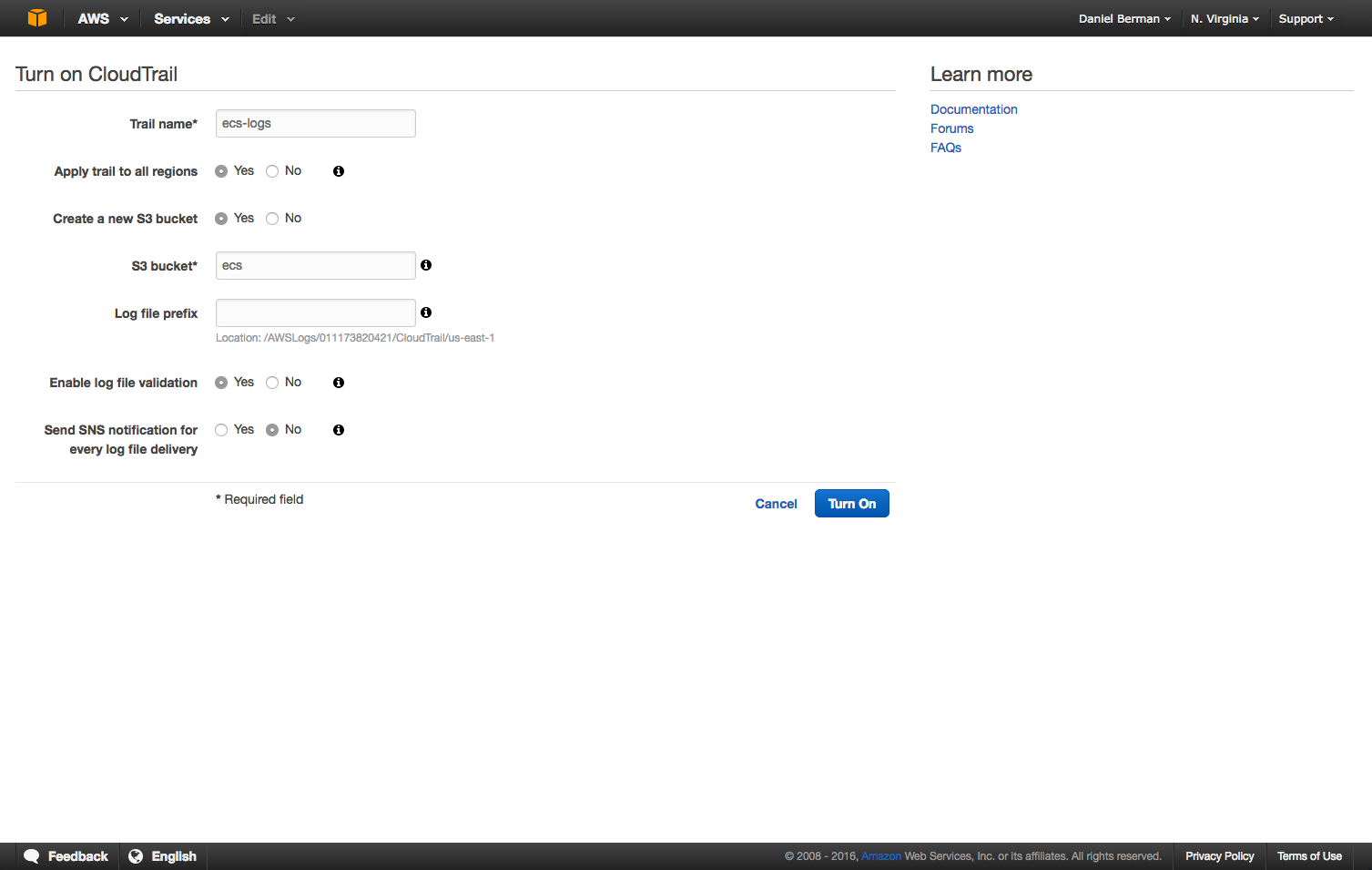 turn on cloudtrail