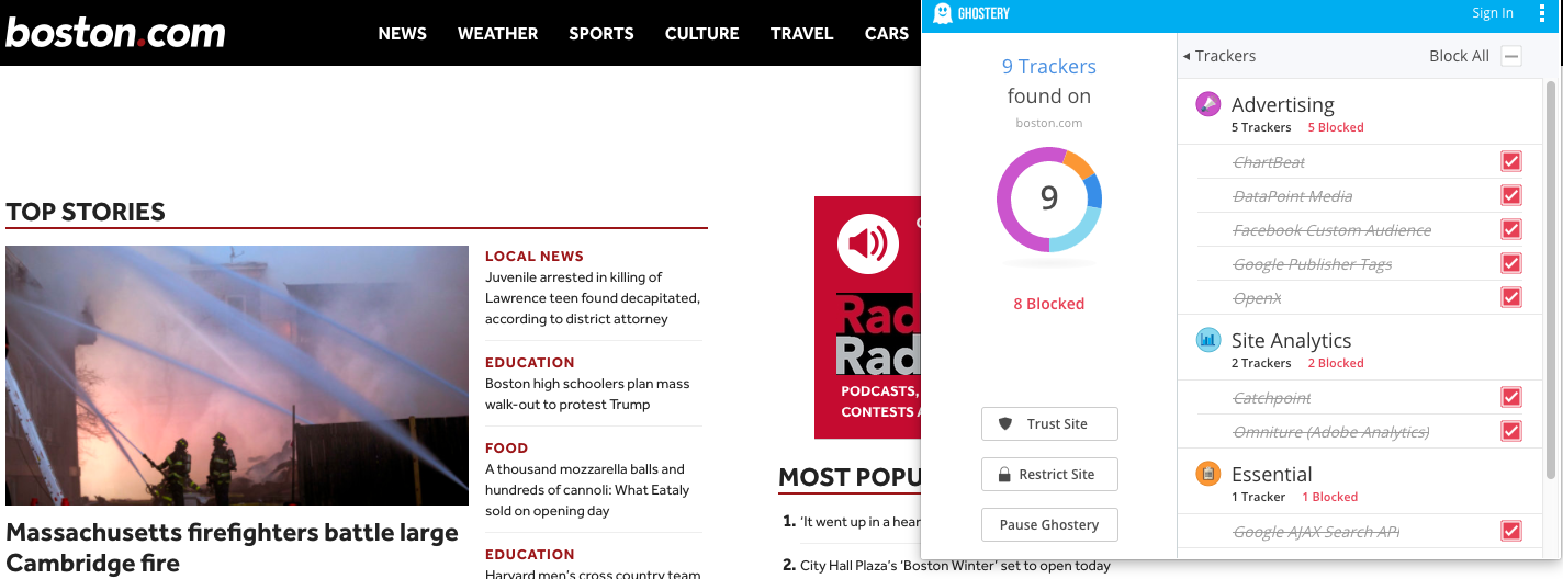 boston dot com with ghostery