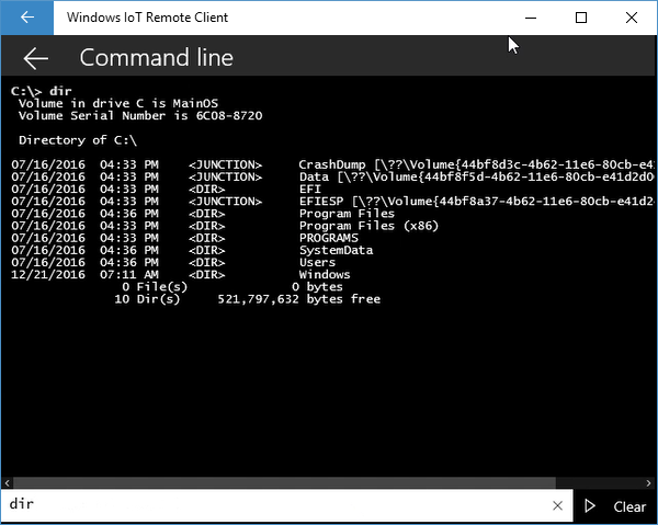 windows iot remote client displaying command line