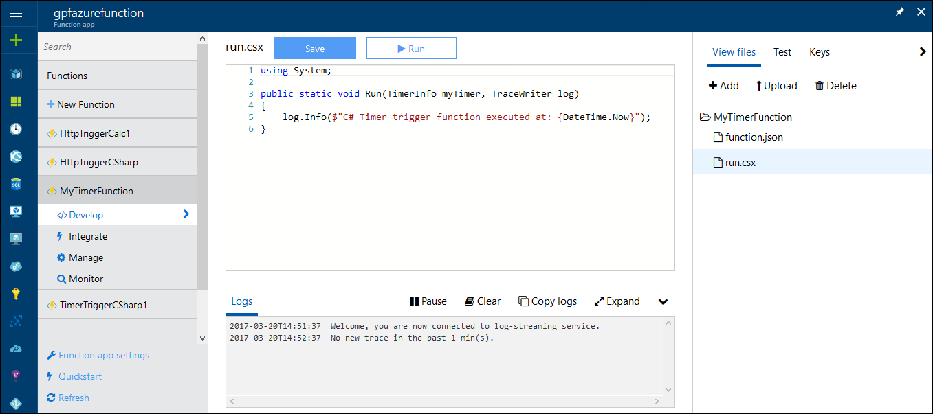 azure functions: function editor