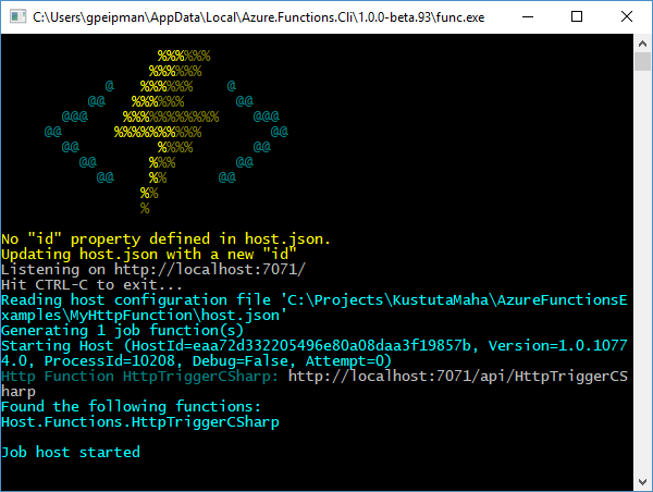 azure functions cli: running http function