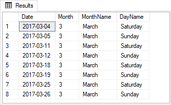 sql server: list of weekend days