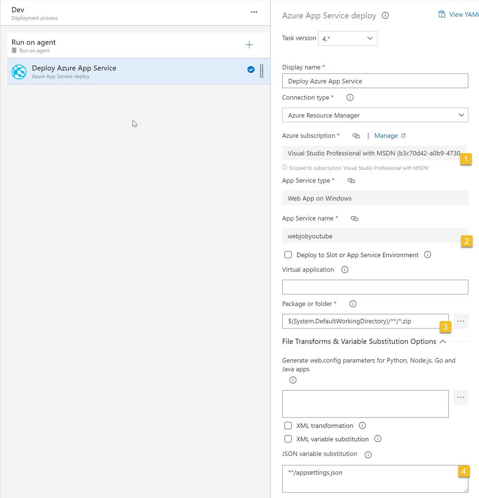 Azure DevOps Release Dev Stage Tasks - 'Deploy Azure App Service' Task to deploy WebJob to Azure WebApp