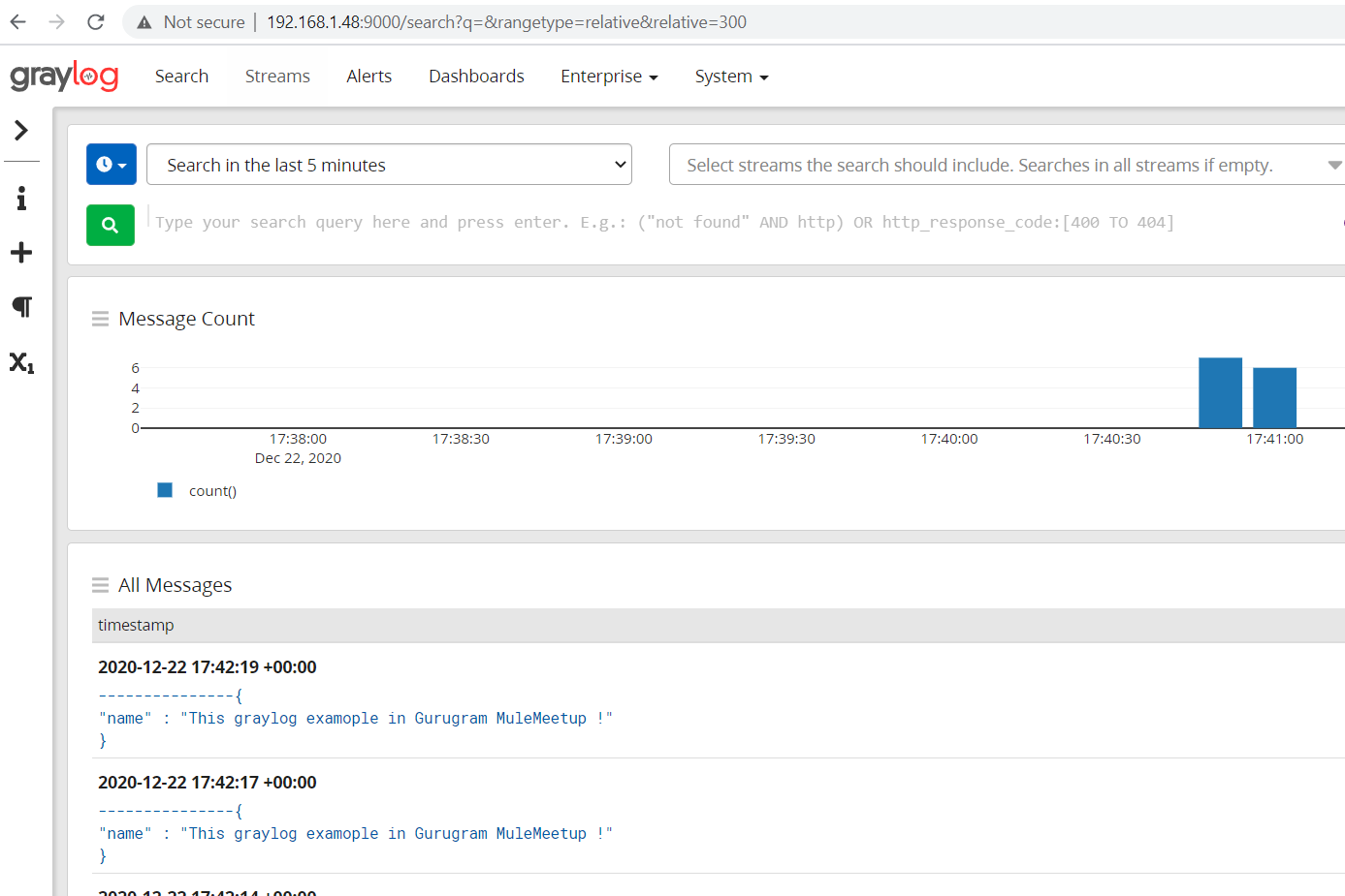 Log verification in Graylog screenshot. 
