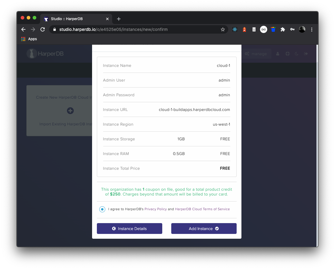 Confirming details; Add Instance