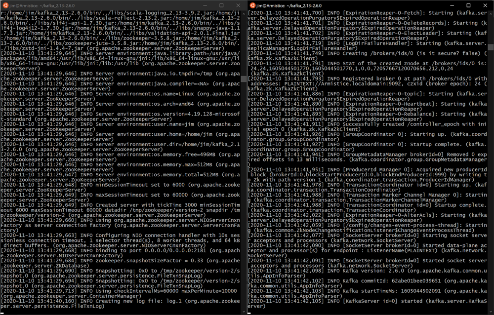 ZooKeeper (left) and a Kafka broker (right) on Ubuntu 20.04 running on Windows and WSL 2