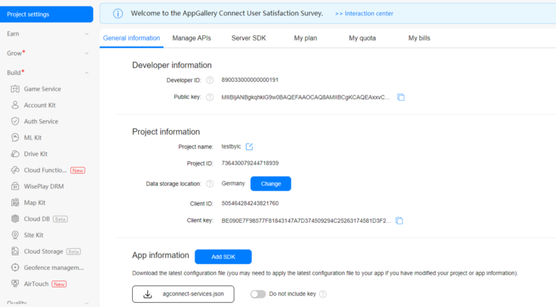 Project settings in AppGallery Connect