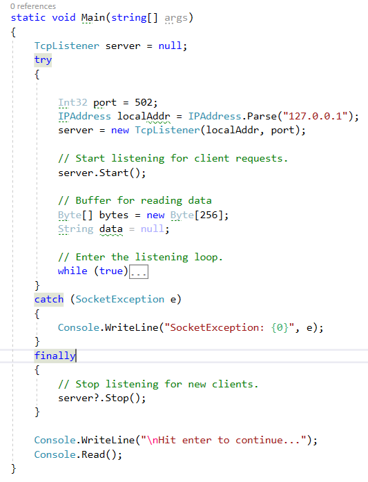 Code for the TCP server