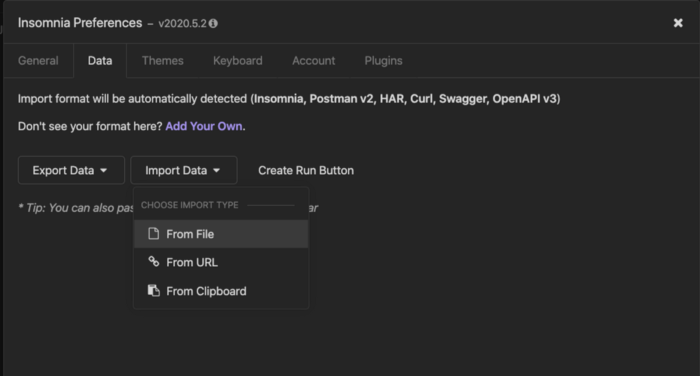 Insomnia Preferences > Import Data > From File