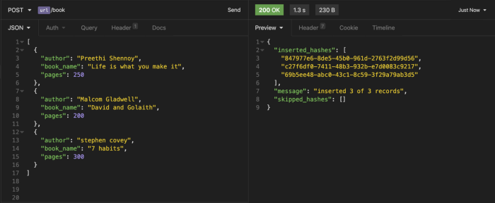 POST url/book and API response