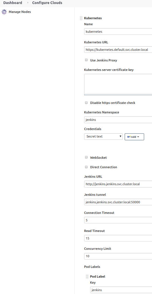 Dashboard configuration screenshot