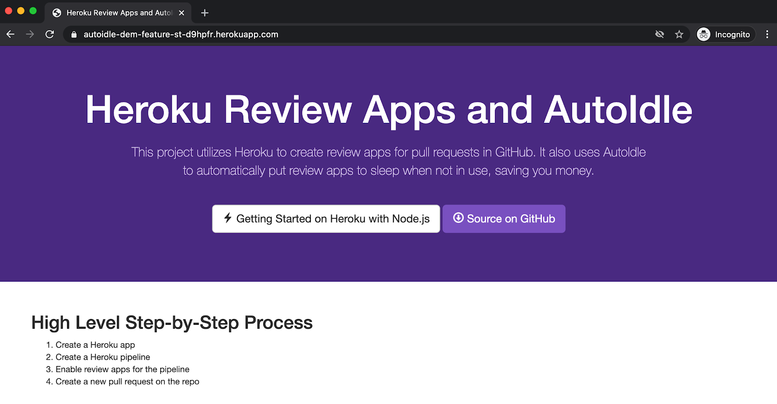 Heroku review app showing changes from our open pull request