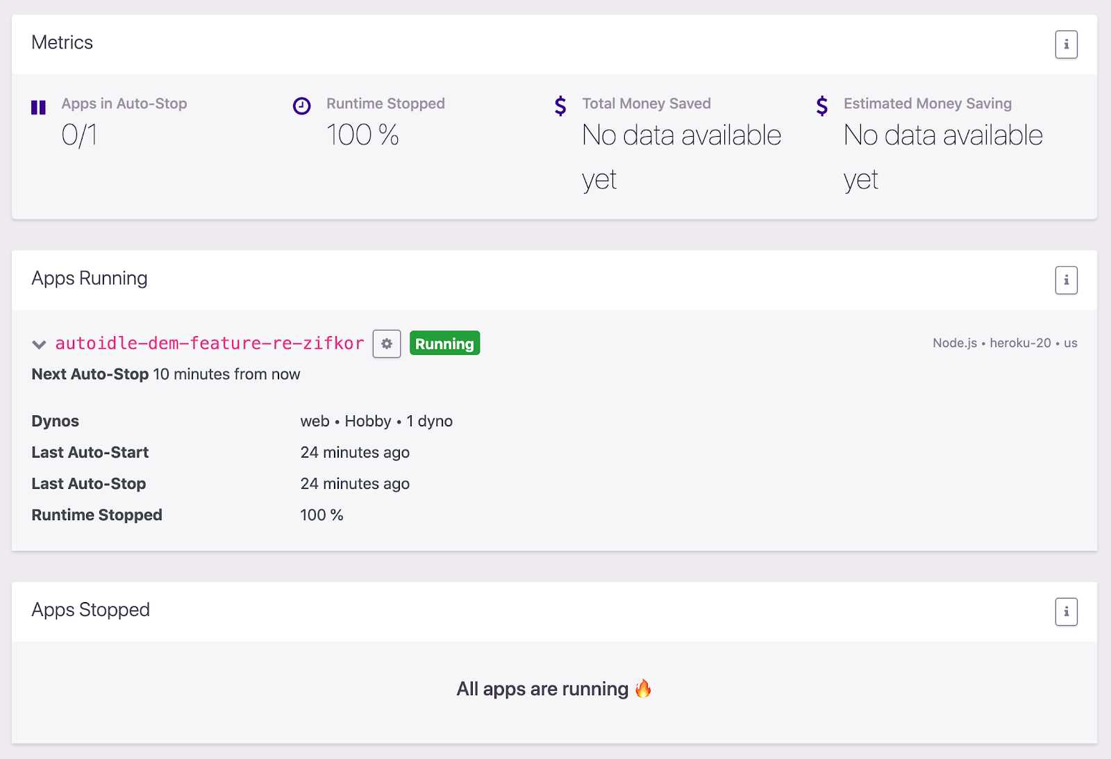 AutoIdle dashboard just minutes after configuring AutoIdle for our review apps