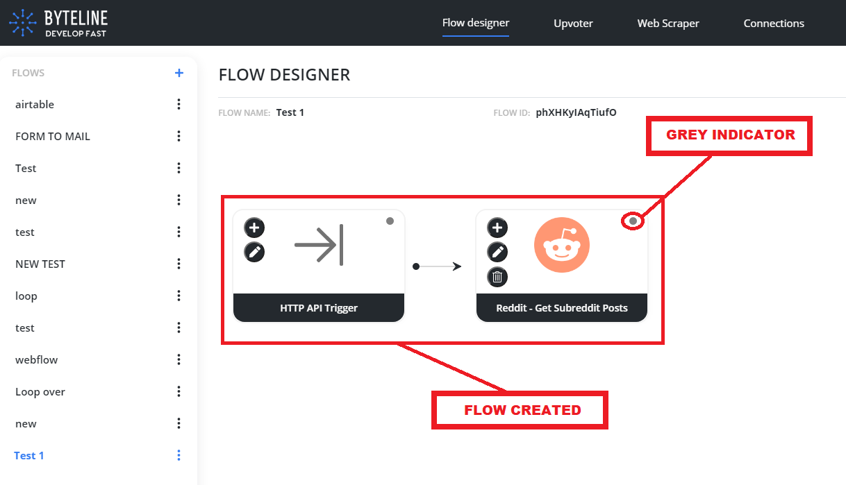 Flow Designer, with Flow Created and Grey Indicator