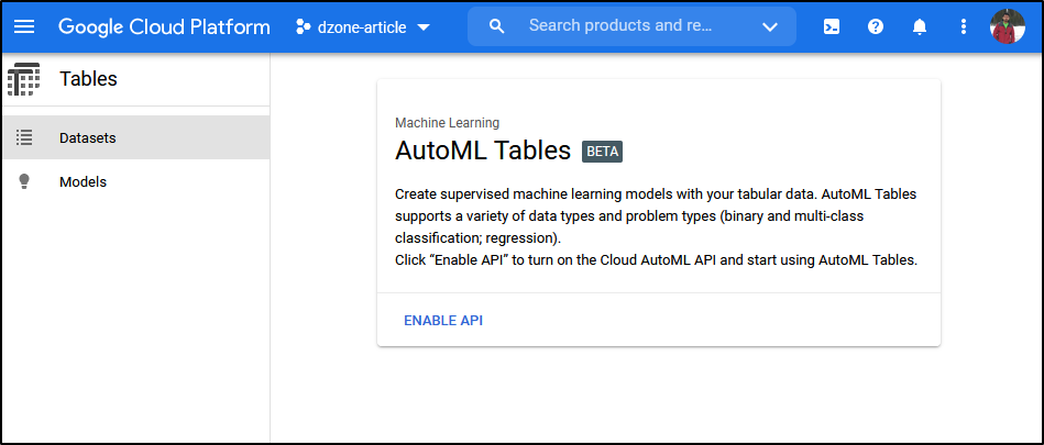 AutoML Tables Beta Screenshot