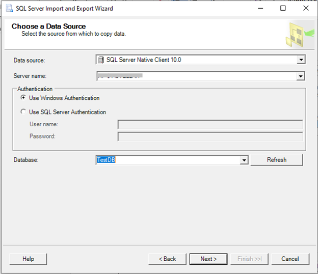 Enter Server and Database Details