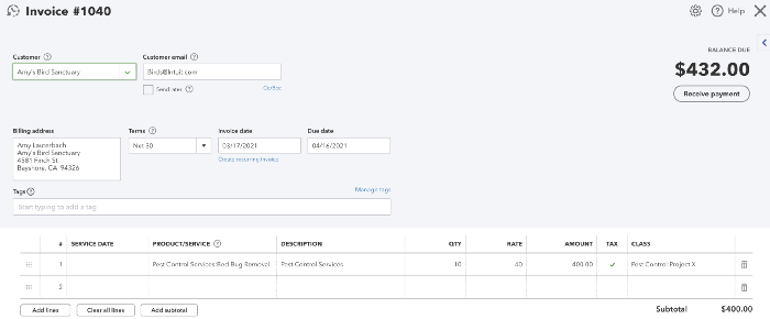 Tagged Quickbooks Invoice using Class