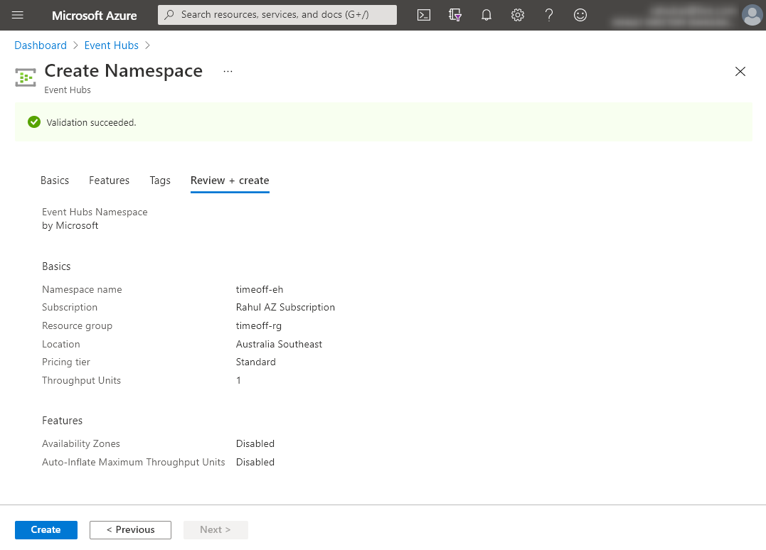 Create Event Hubs namespace