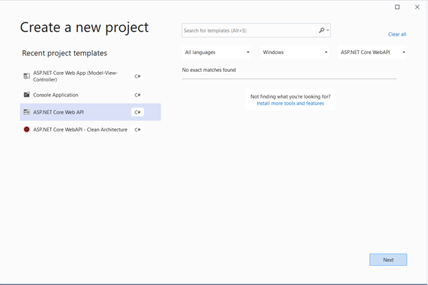 Create a new project with ASP.NET Core Web API highlighted