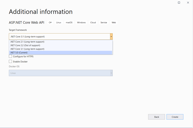 Select .NET 5.0 as target framework