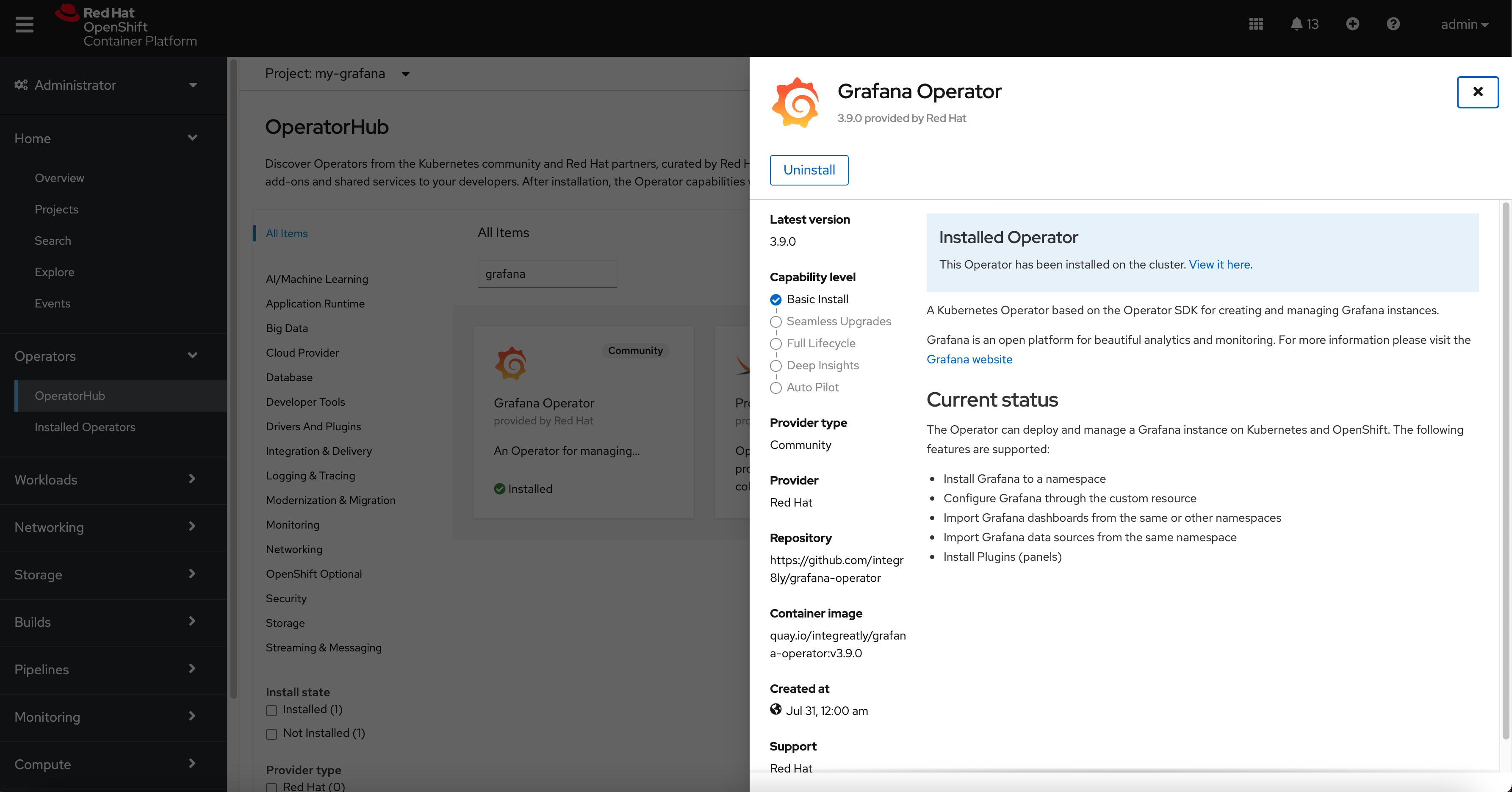 Install grafana operator into my-grafana namespace