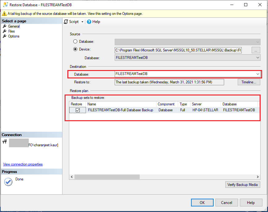 How to recover sql server filestream enabled database
