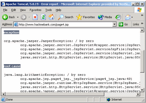 Example failed error handling showing a stack trace