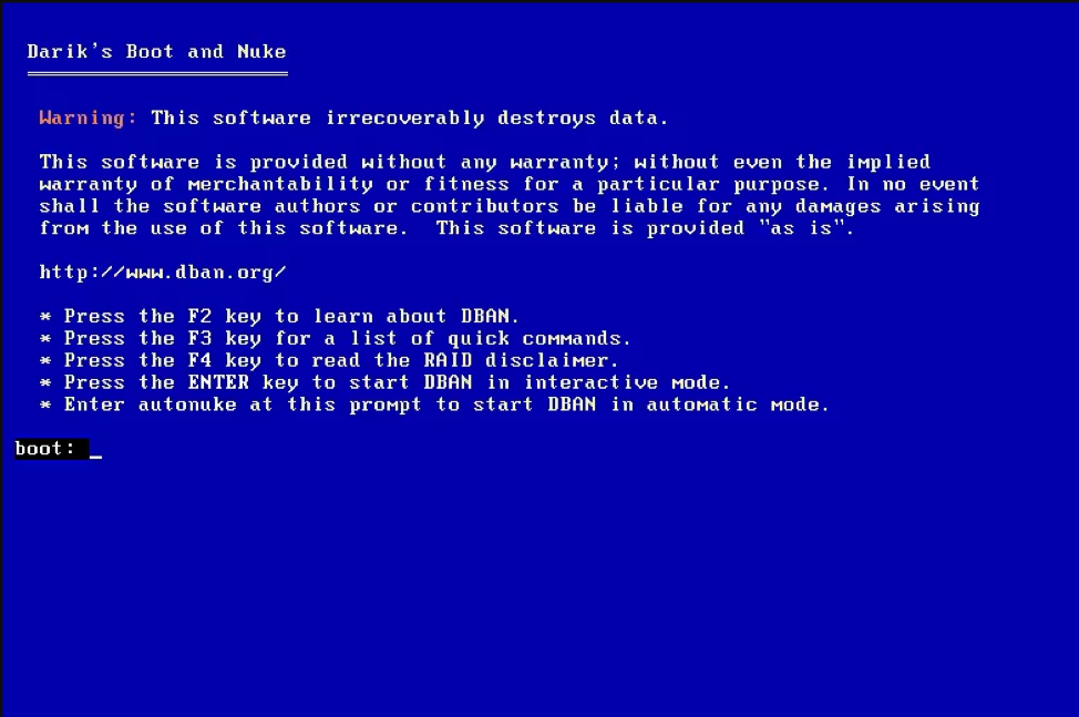Quick commands. DBAN. Darik's Boot and Nuke. Nuke Интерфейс.