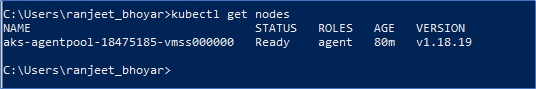 Kubectl is using Current AKS Cluster screenshot.