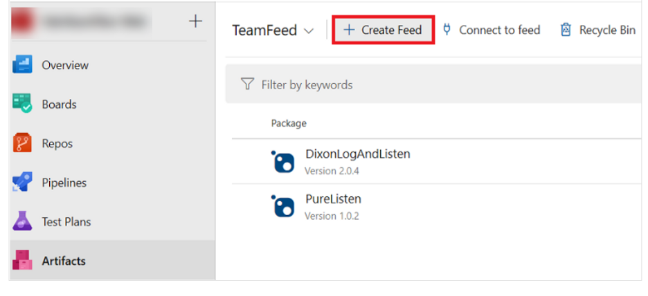 Navigating to Azure DevOps > Click on Artifacts > Click on Create Feed