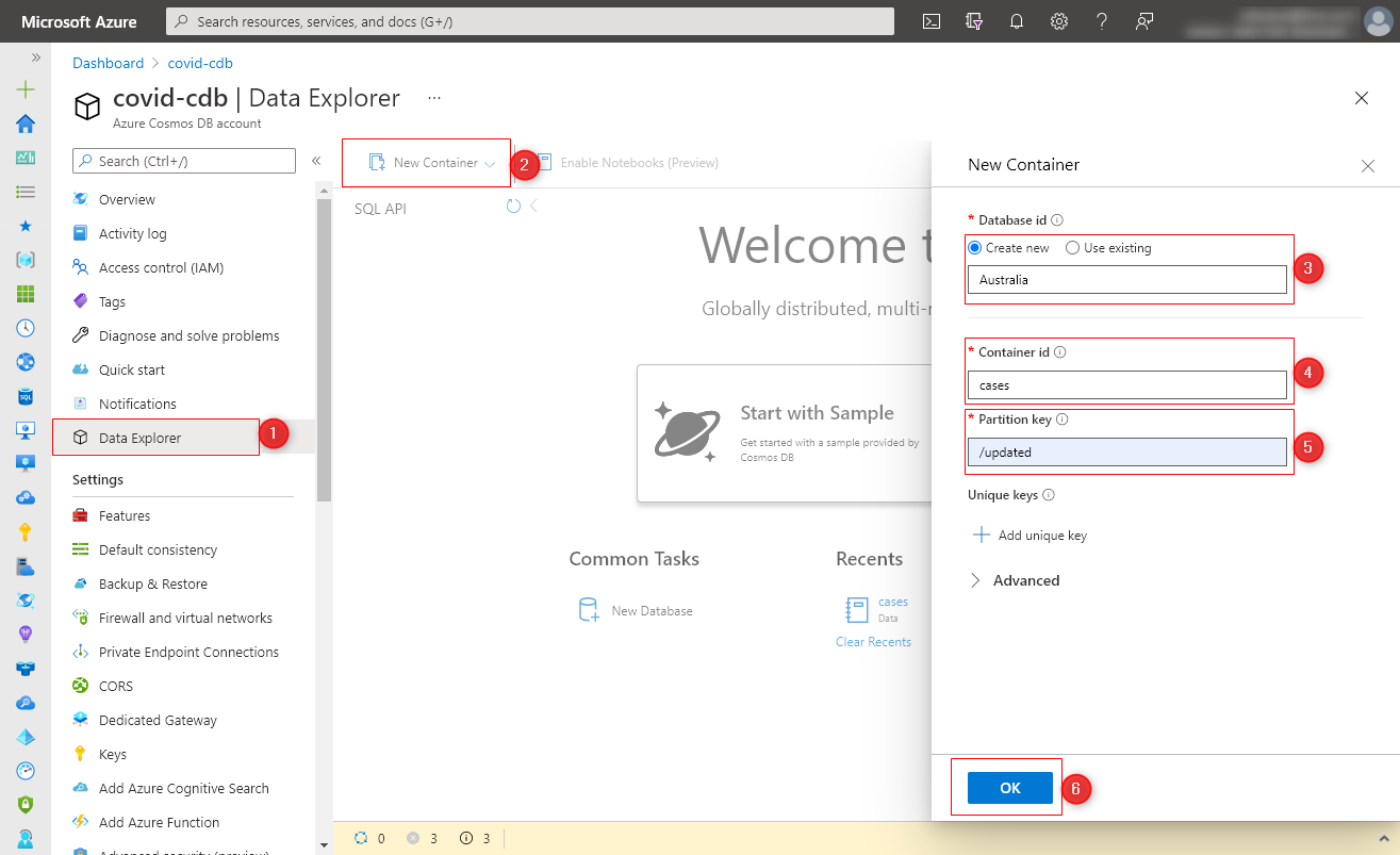 Creating Database and Container in Data Explorer