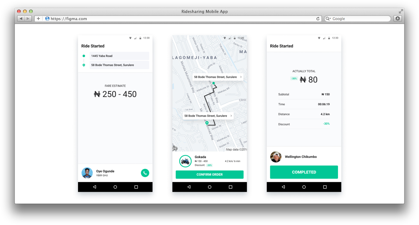 Sample screens of ridesharing app