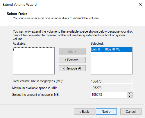 Extend Volume Wizard Disk Space