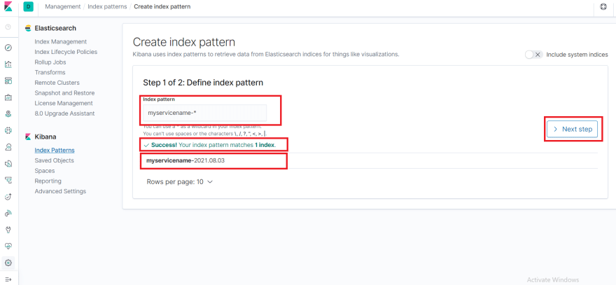 Create Index Pattern Step 1