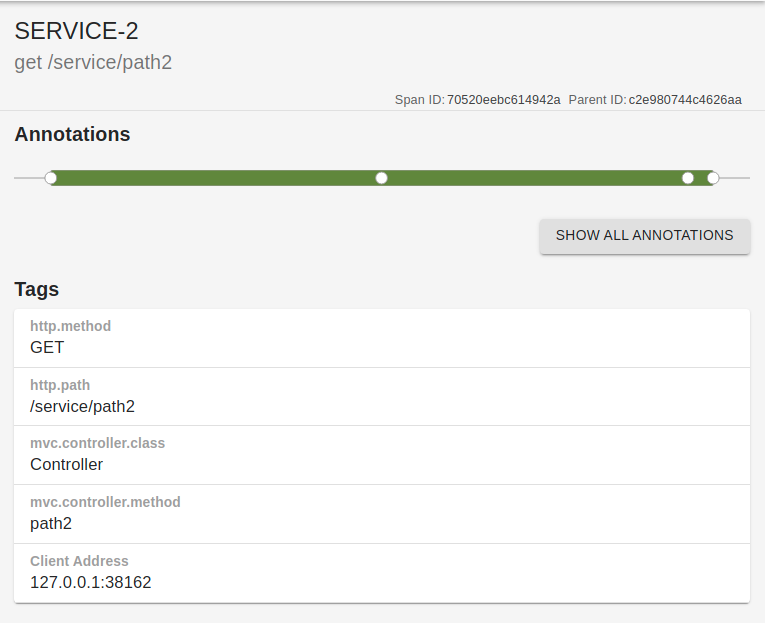 A screenshot of Zipkin showing four points in the second span.