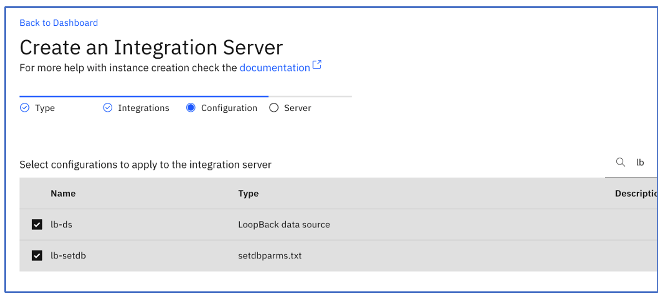 Screenshot displaying integration server configuration selection.