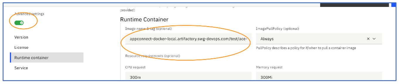 Screenshot with Runtime Container options and Advanced Settings toggle circled.