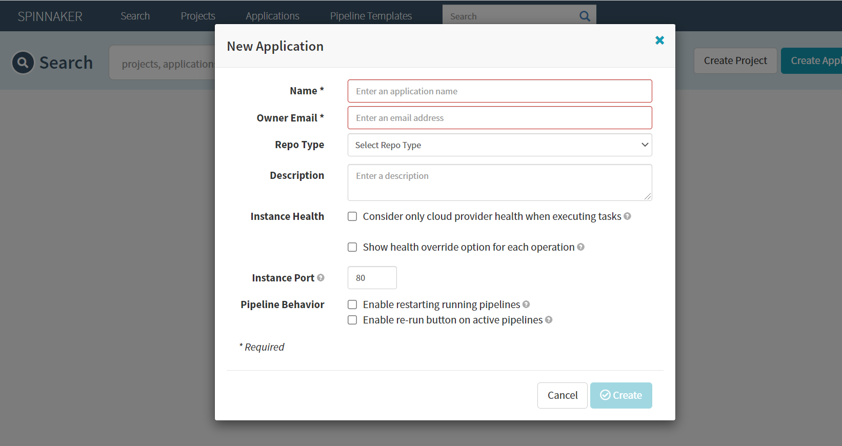 Creating a new application in Spinnaker.