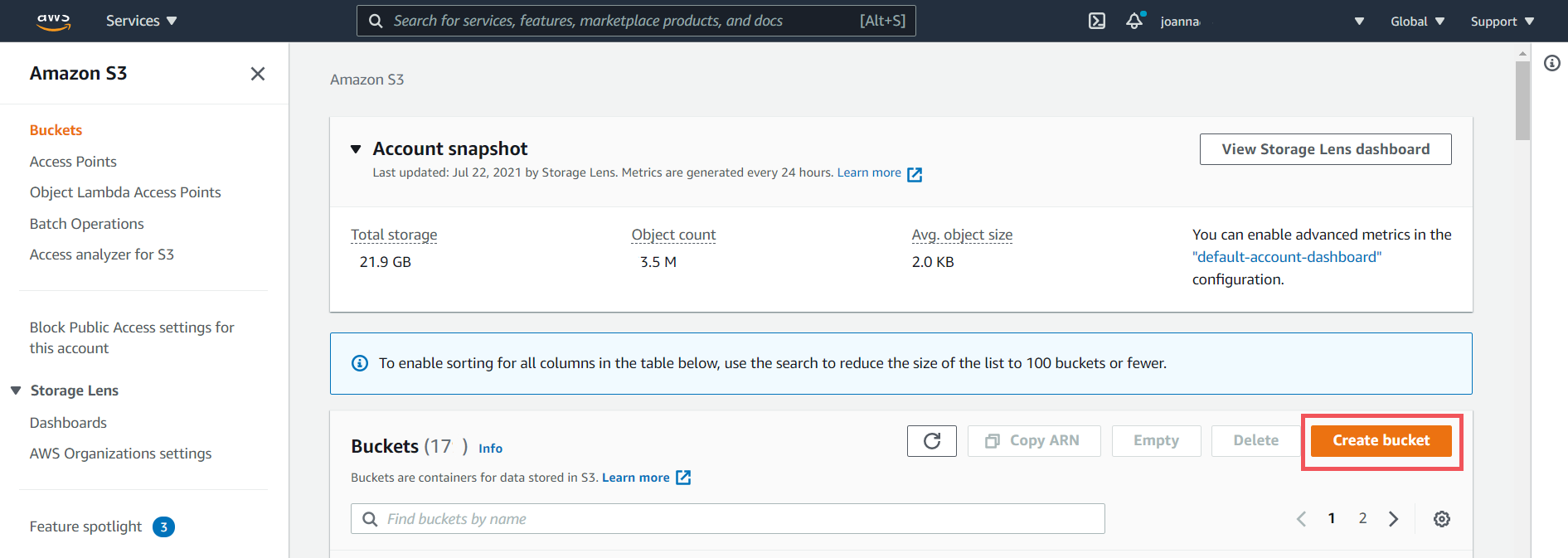 Account snapshot: S3 usage