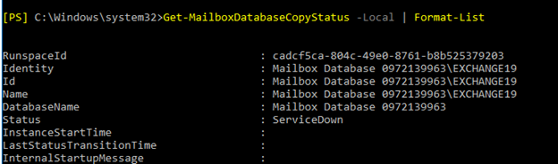 screenshot of database copy status