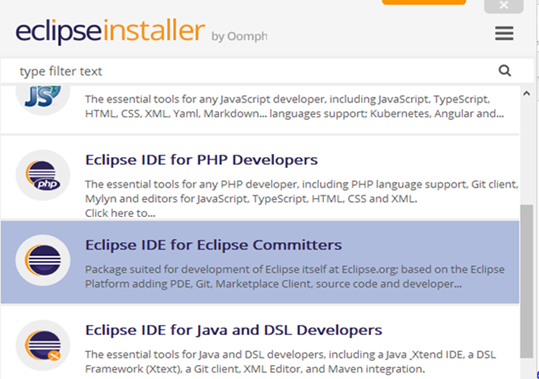 screenshot of eclipse installer
