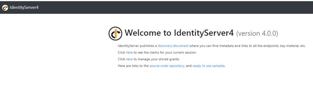 Identity Server 4 welcome screen screenshot.