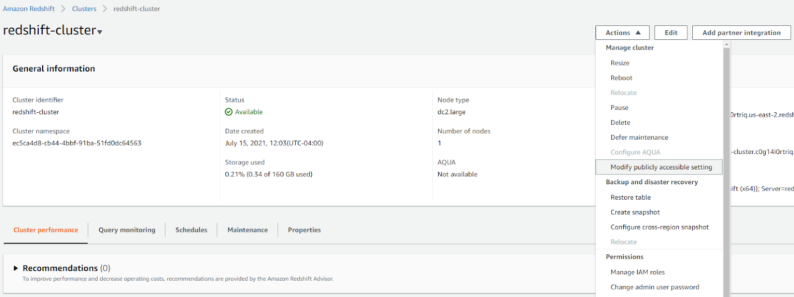 redshift-cluster > Actions dropdown menu > Modify Publicly accessible setting