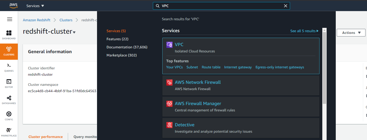 Using search bar to find VPC service