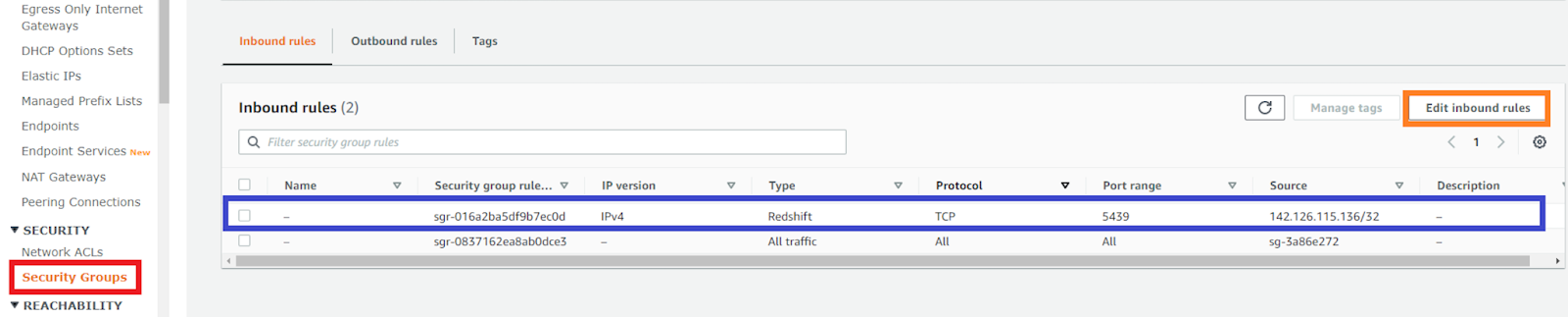 Editing inbound rules