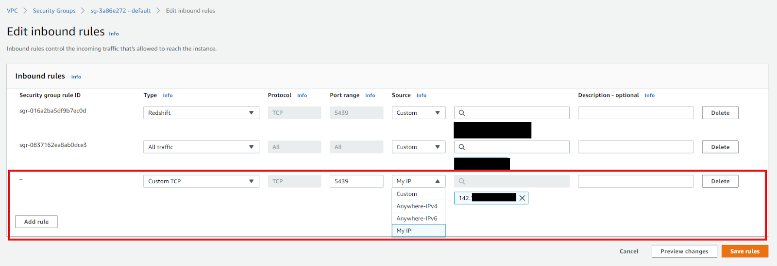 Inbound rules and adding rules