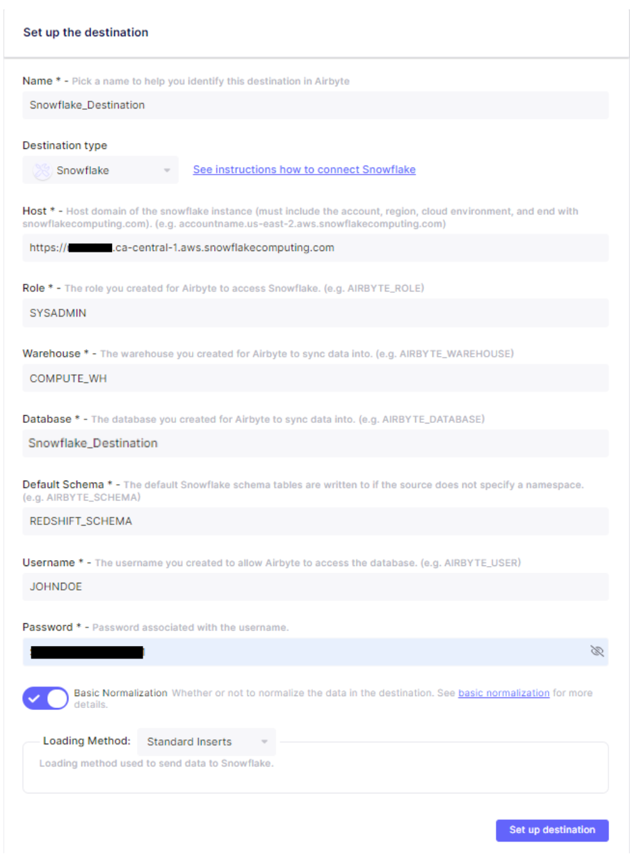 Setting up the destination