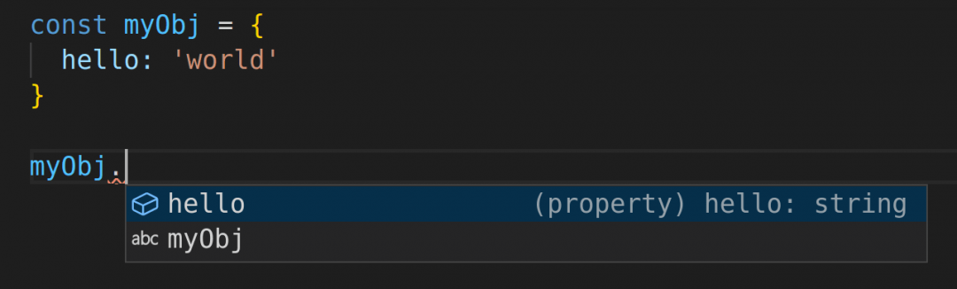 VS Code auto-suggesting the `hello` property on an object called `myObj`.