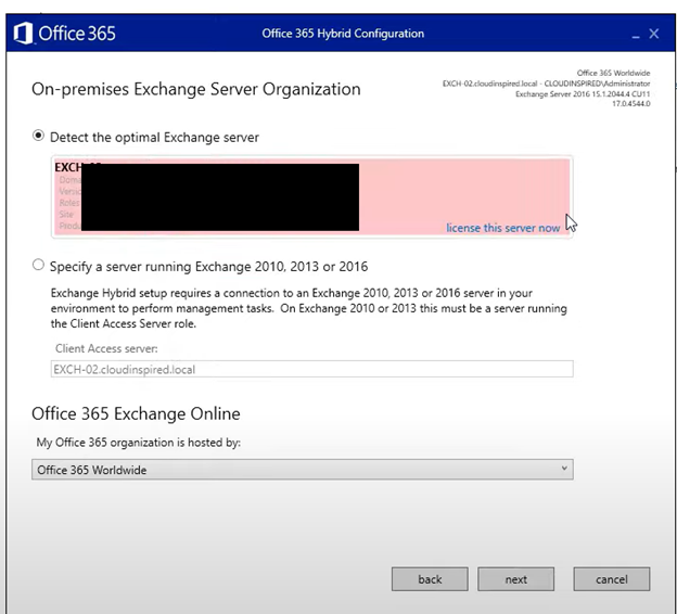 on premises exchange server organization