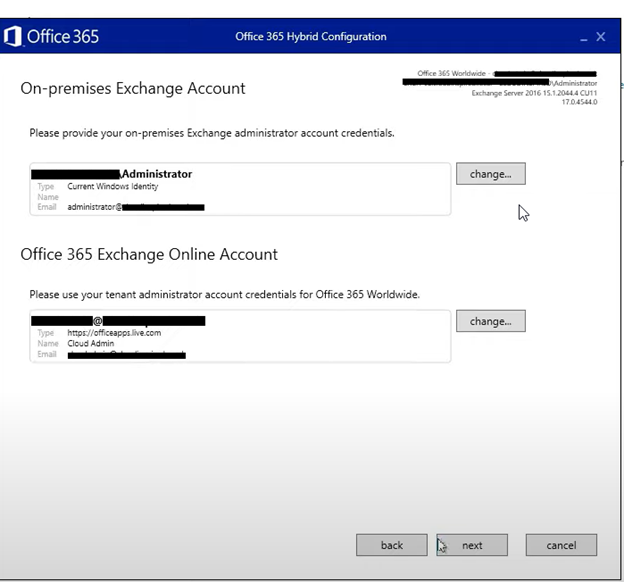 on premises exchange account credentials screen